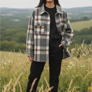 A Classy Chic Boutique Gray and Brown Plaid Flannel Shacket